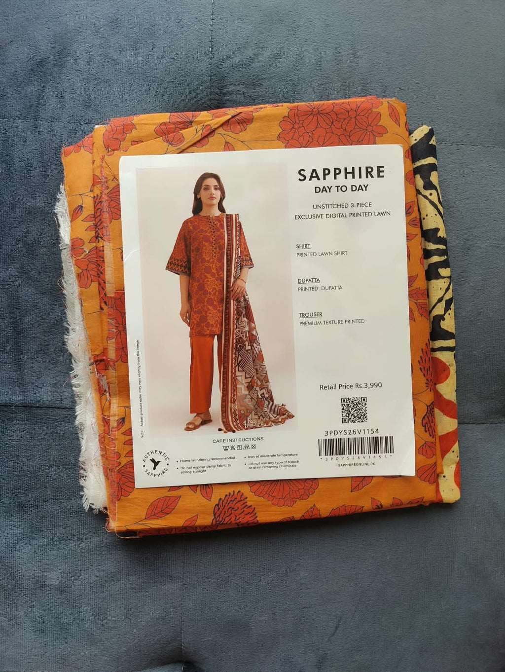 Sapphire Day to Day 3-Piece Unstitched Suit packaging
