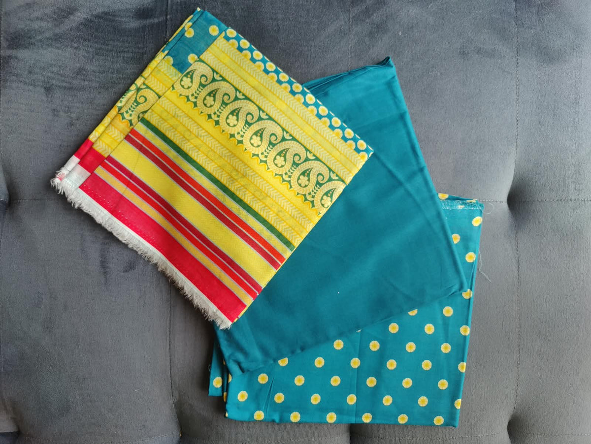 Nishat Unstitched 3-Piece Suit 42301851-R fabric – teal with yellow polka dots and striped dupatta